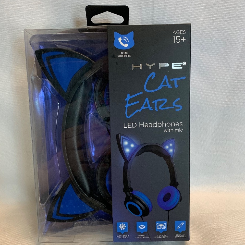NIB! Blue and Black Cat Ears LED Headphones with Built-In Microphone!